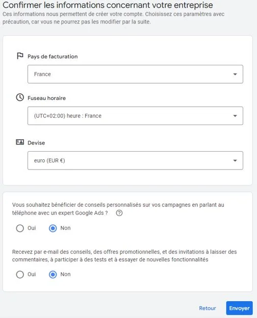Creation de compte Google Ads - Etape 6